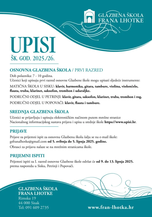 Plakat upisi 2025 glazbena škola